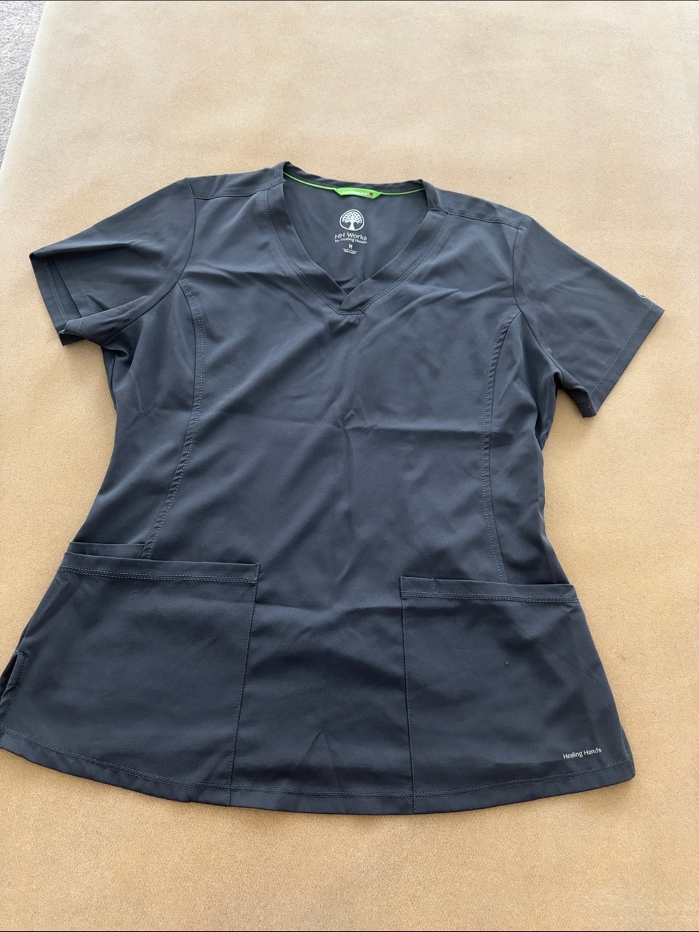 healing hands Charcoal V-Neck Scrub Top with Lime Trim